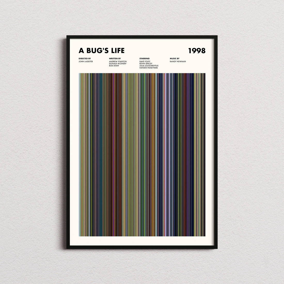 A Bug's Life Movie Barcode Poster framed on a plain studio wall