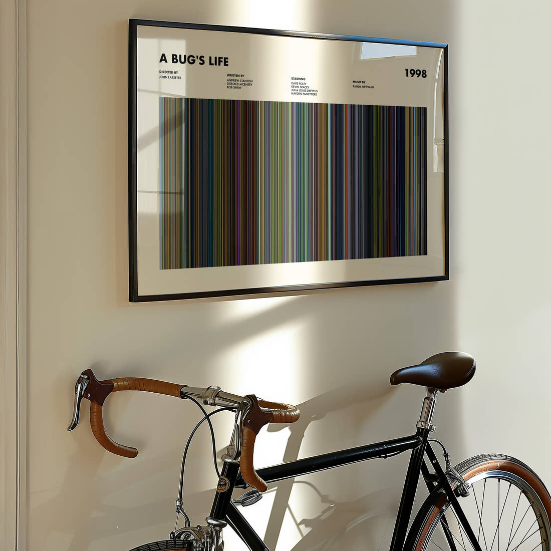 A Bug's Life Movie Barcode Poster framed on the wall of a styled room setting