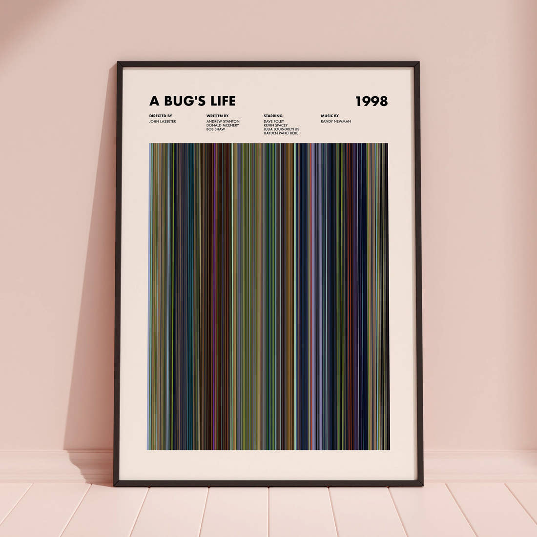 A Bug's Life Movie Barcode Poster framed and leaning against a coloured wall