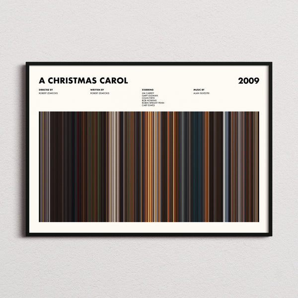 A Christmas Carol Movie Barcode Poster framed and photographed straight on