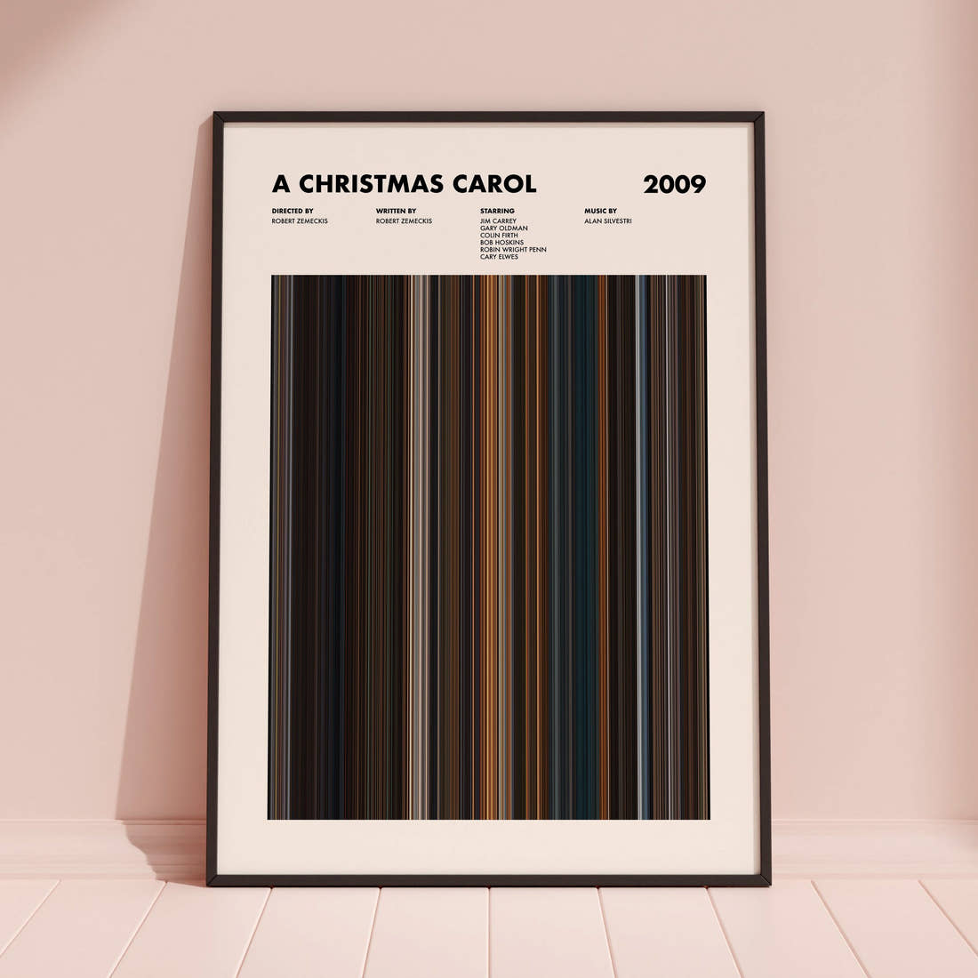 A Christmas Carol Movie Barcode Poster framed and leaning against a coloured wall