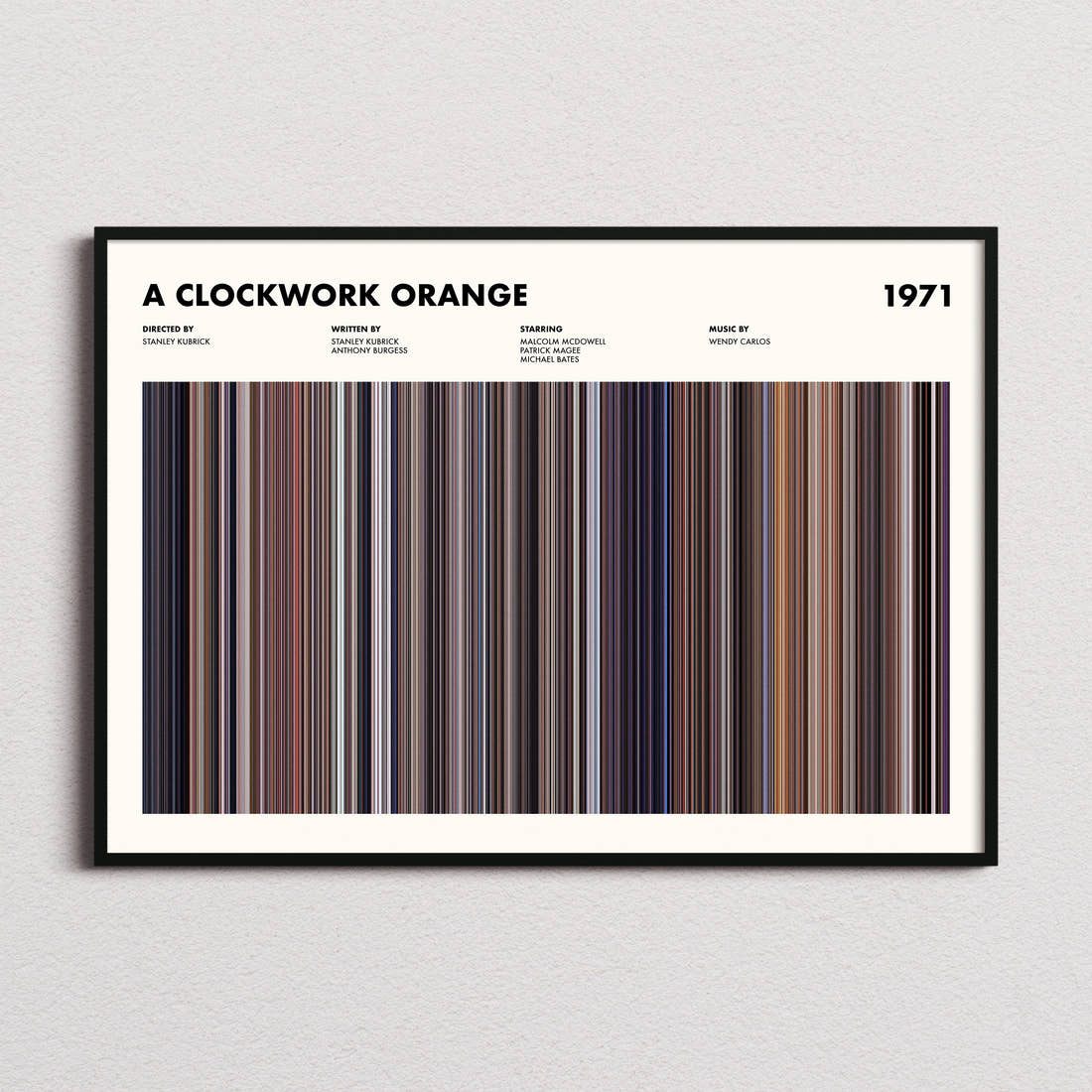 A Clockwork Orange Movie Barcode Poster framed and photographed straight on