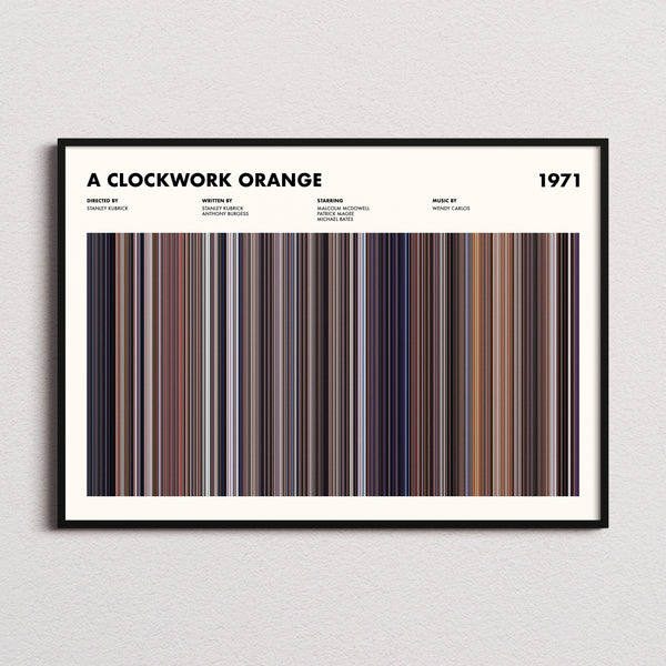 A Clockwork Orange Movie Barcode Poster framed and photographed straight on