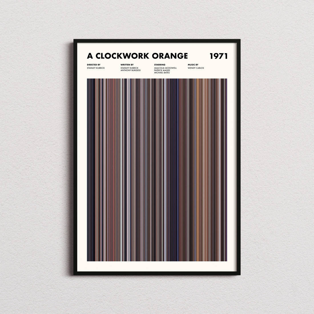 A Clockwork Orange Movie Barcode Poster framed on a plain studio wall