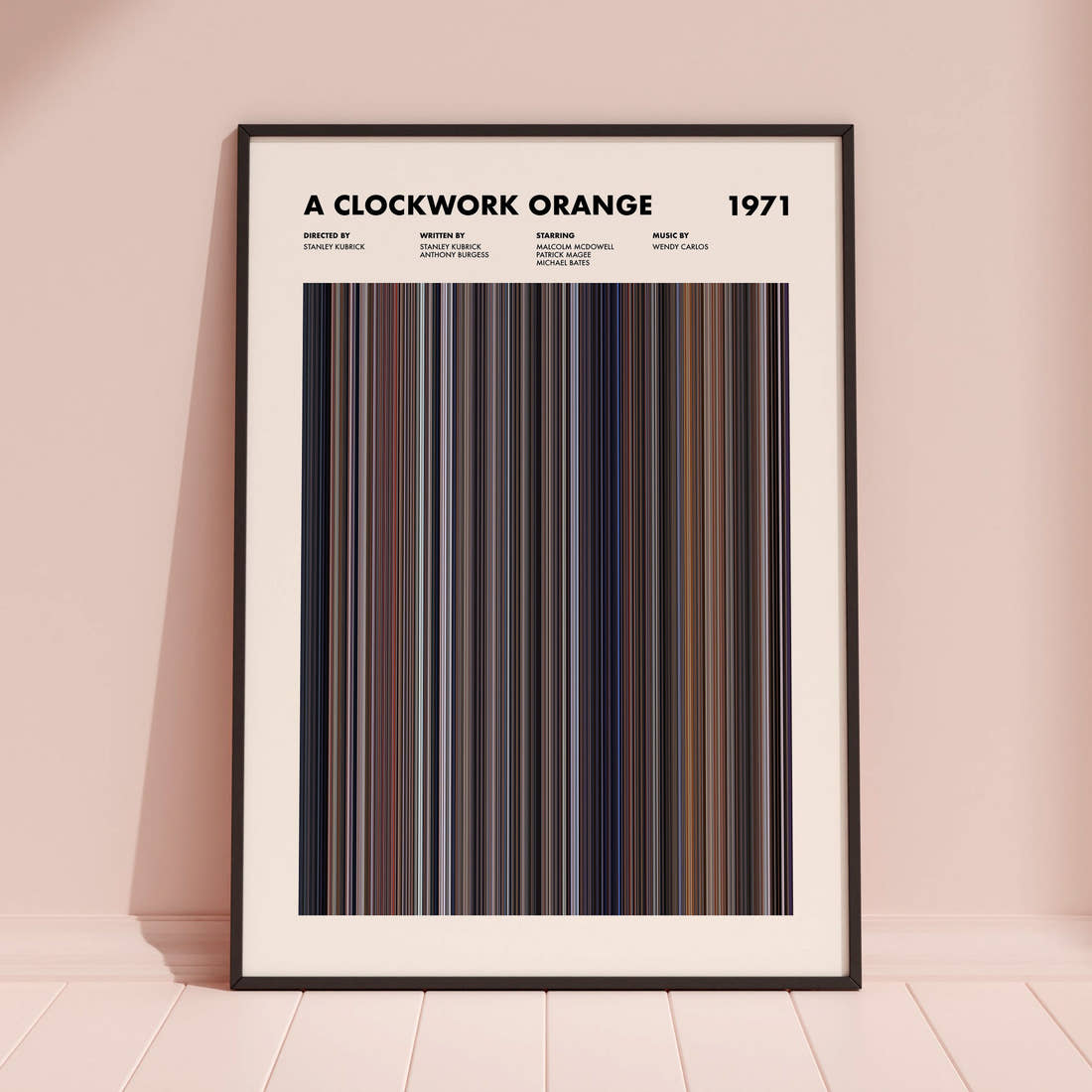 A Clockwork Orange Movie Barcode Poster framed and leaning against a coloured wall