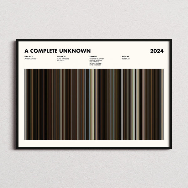 A Complete Unknown Movie Barcode Poster framed and photographed straight on