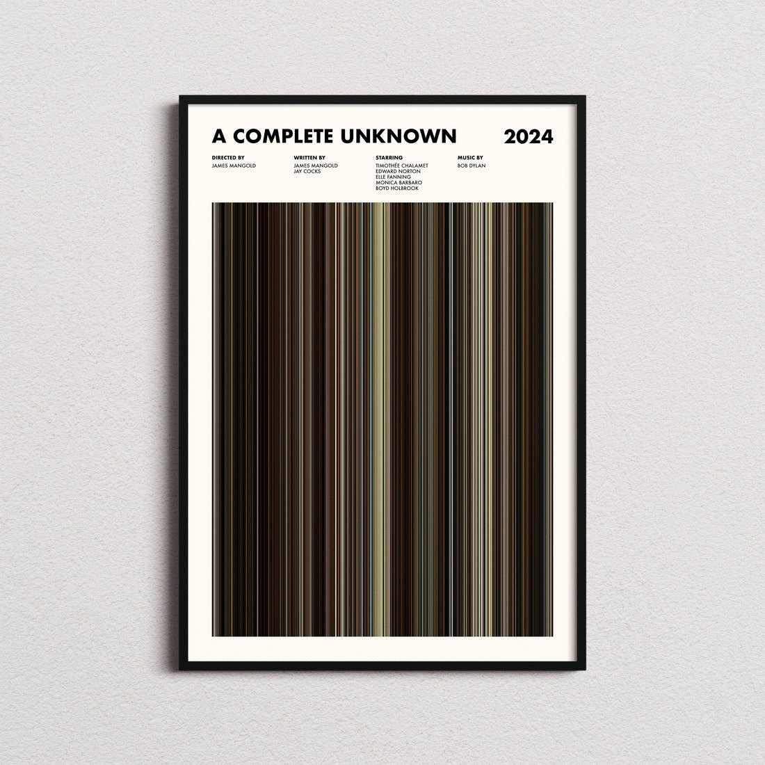 A Complete Unknown Movie Barcode Poster framed on a plain studio wall