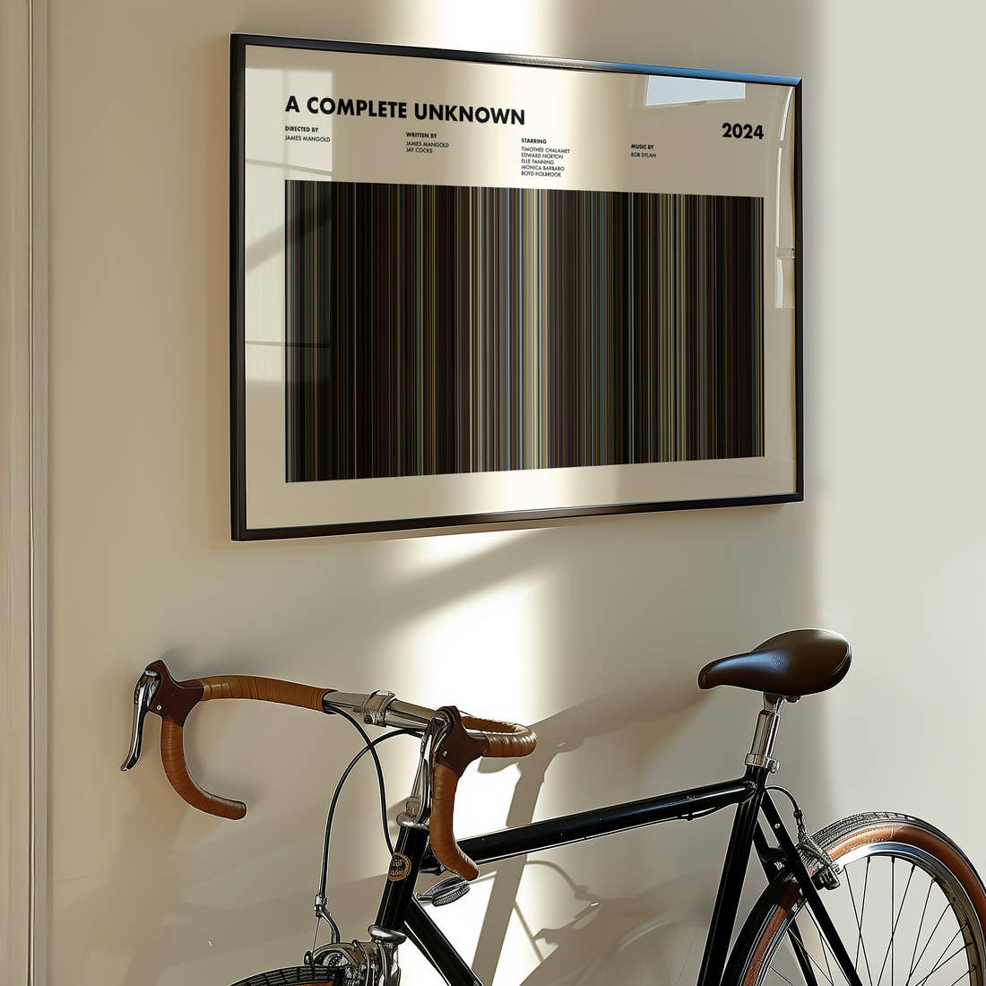 A Complete Unknown Movie Barcode Poster framed on the wall of a styled room setting