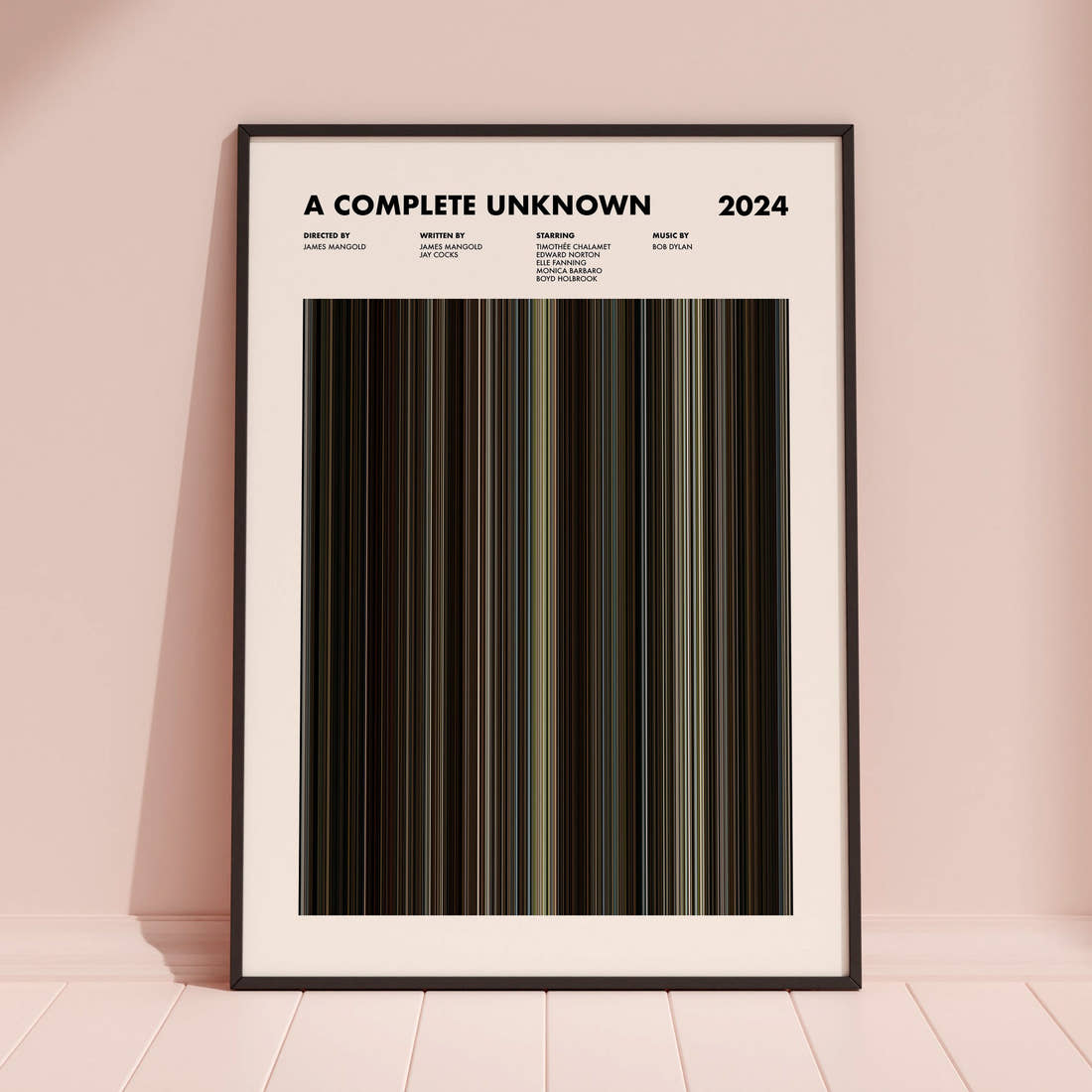 A Complete Unknown Movie Barcode Poster framed and leaning against a coloured wall