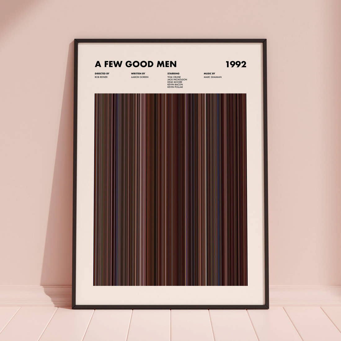 A Few Good Men Movie Barcode Poster framed and leaning against a coloured wall
