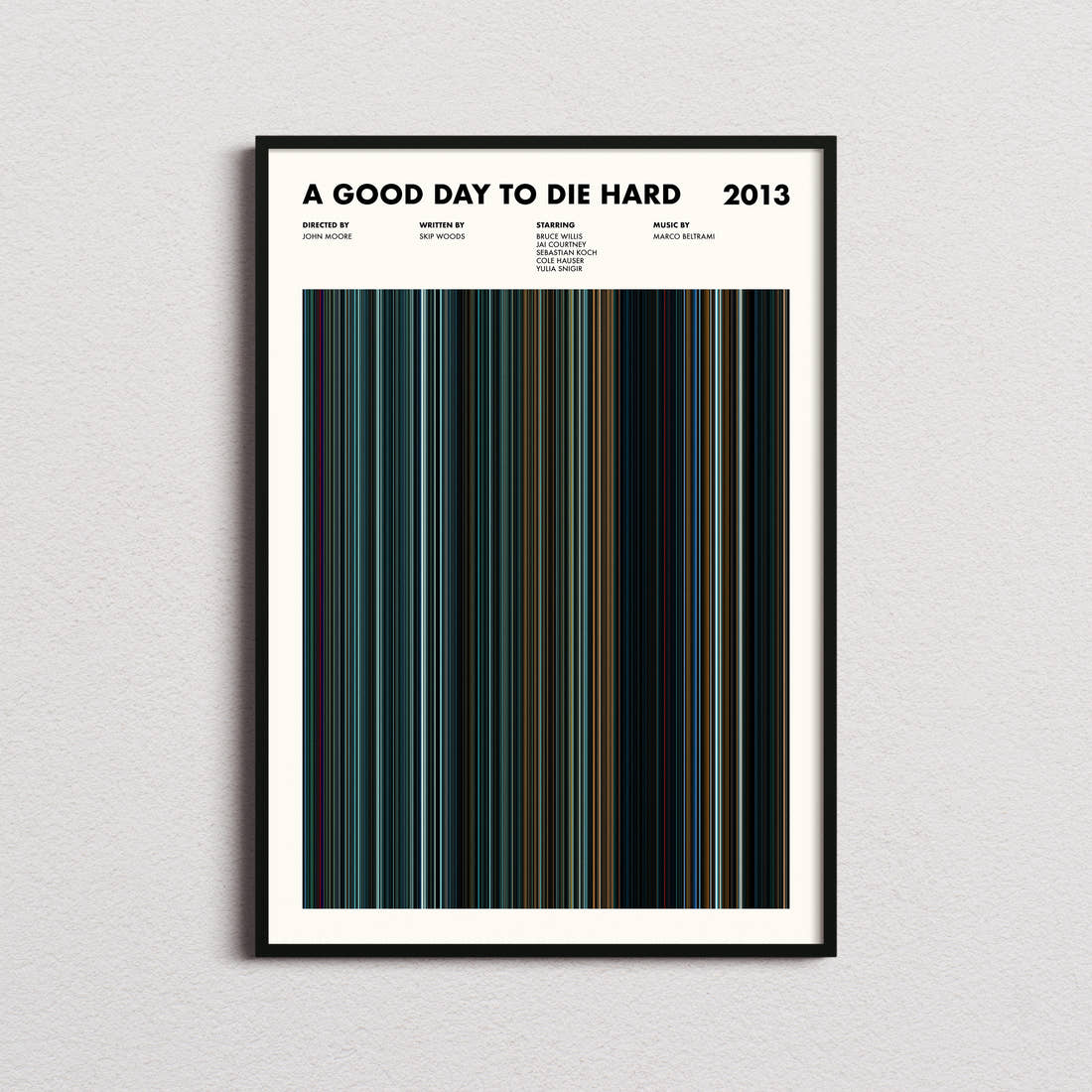 A Good Day to Die Hard Movie Barcode Poster framed on a plain studio wall