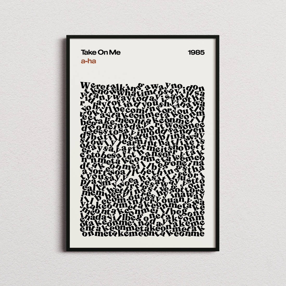 a-ha Take On Me Lyric Print in the cream colourway, framed