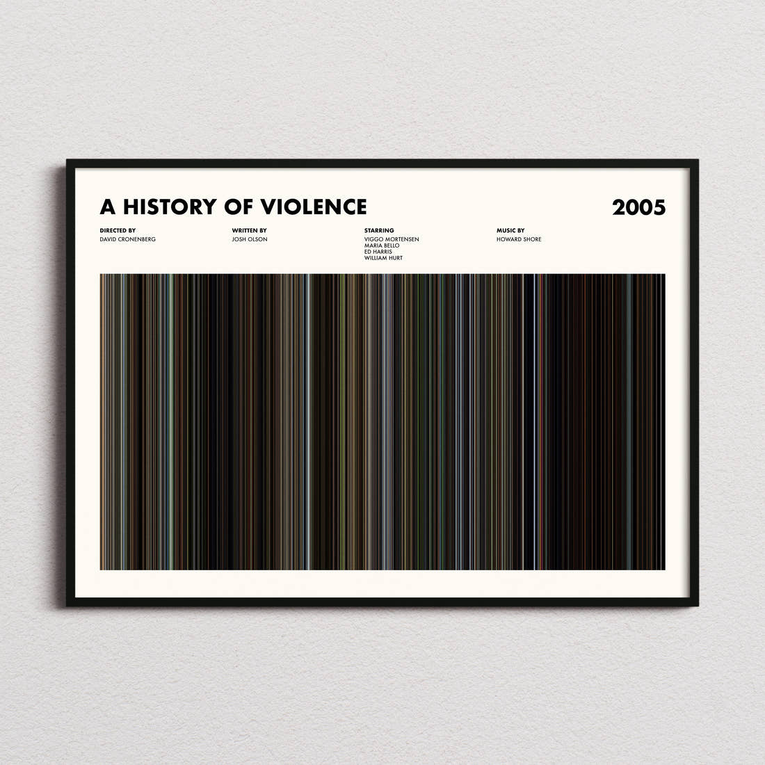 A History of Violence Movie Barcode Poster framed and photographed straight on