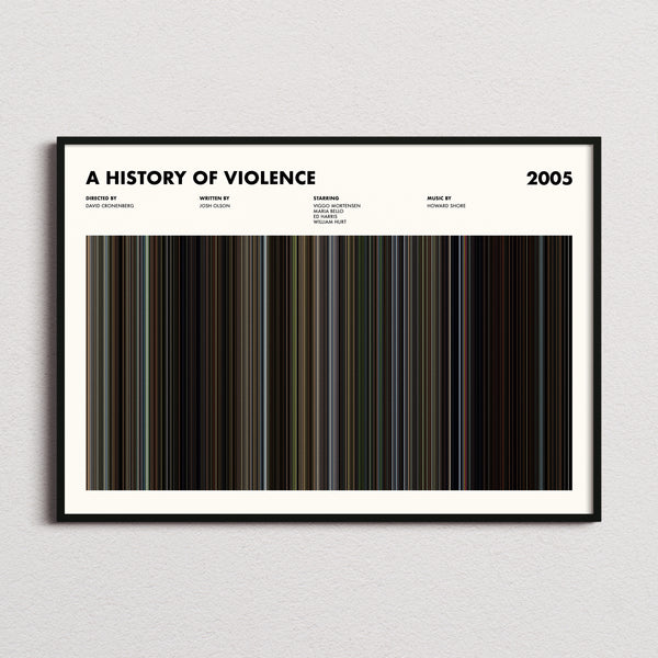 A History of Violence Movie Barcode Poster framed and photographed straight on