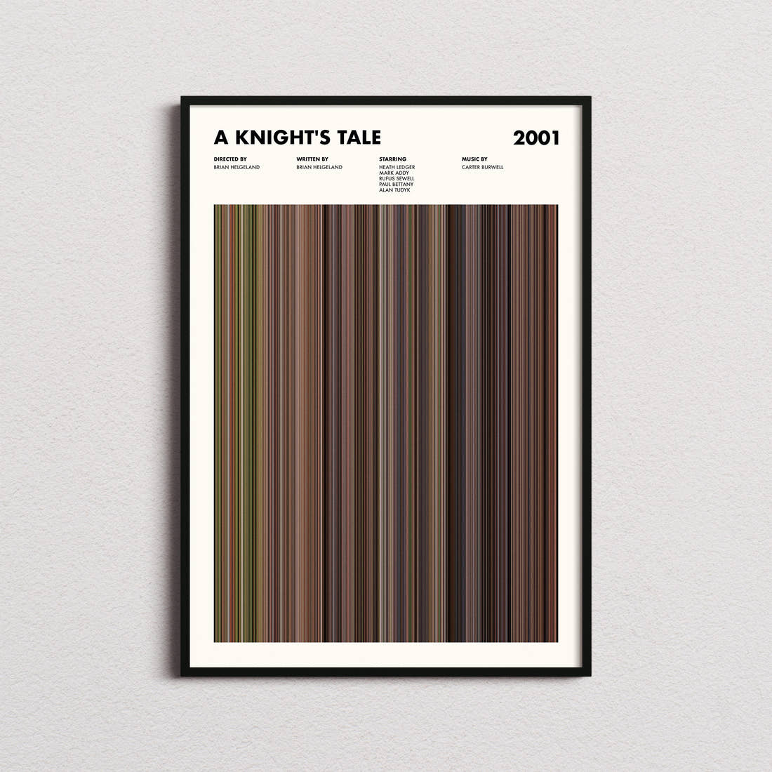 A Knight's Tale Movie Barcode Poster framed on a plain studio wall