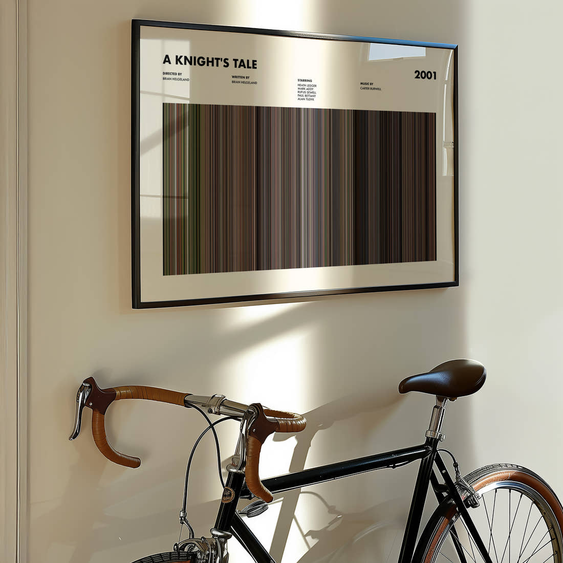 A Knight's Tale Movie Barcode Poster framed on the wall of a styled room setting