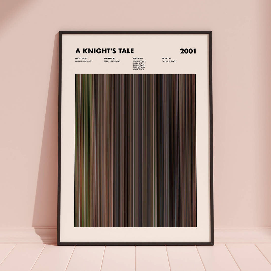 A Knight's Tale Movie Barcode Poster framed and leaning against a coloured wall