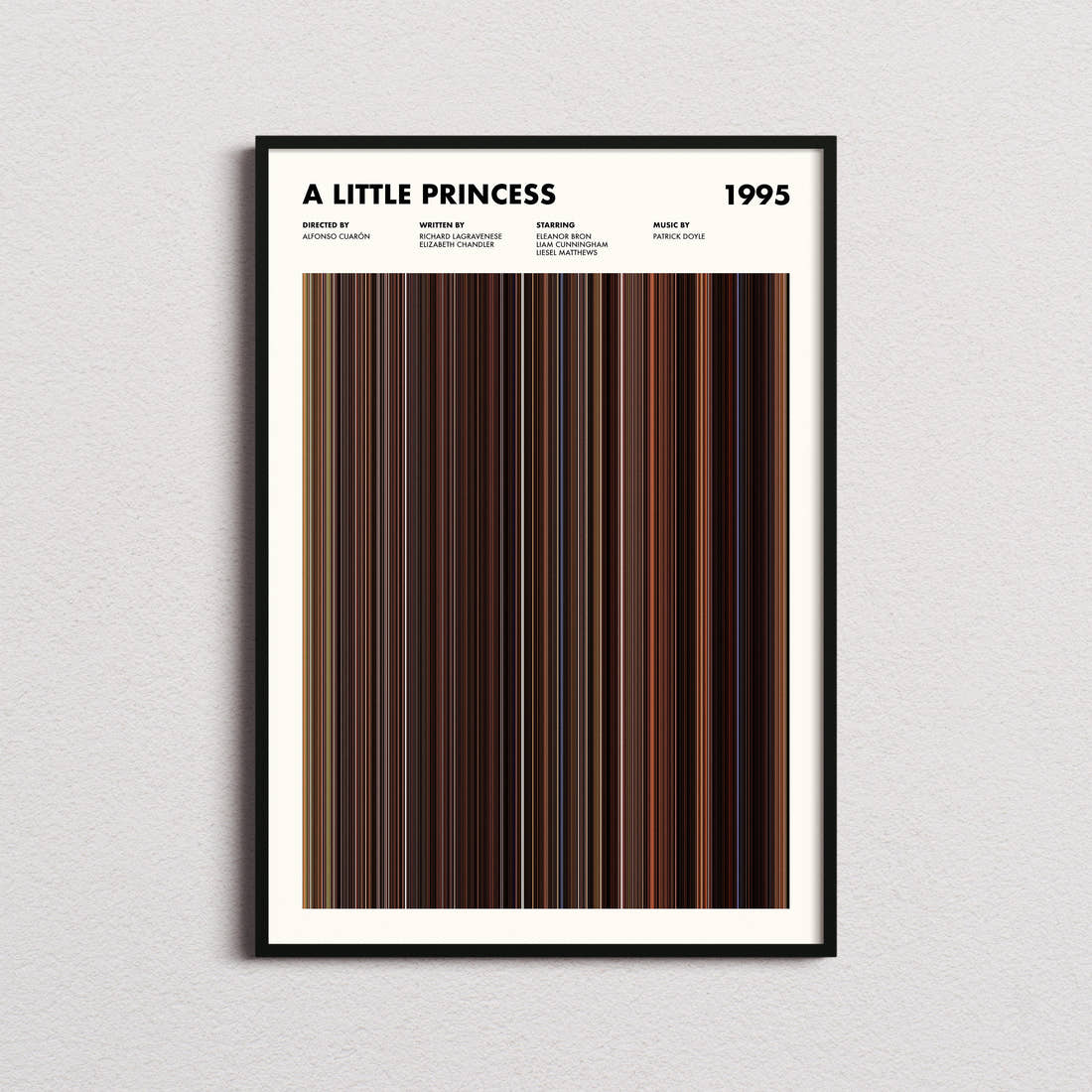 A Little Princess Movie Barcode Poster framed on a plain studio wall
