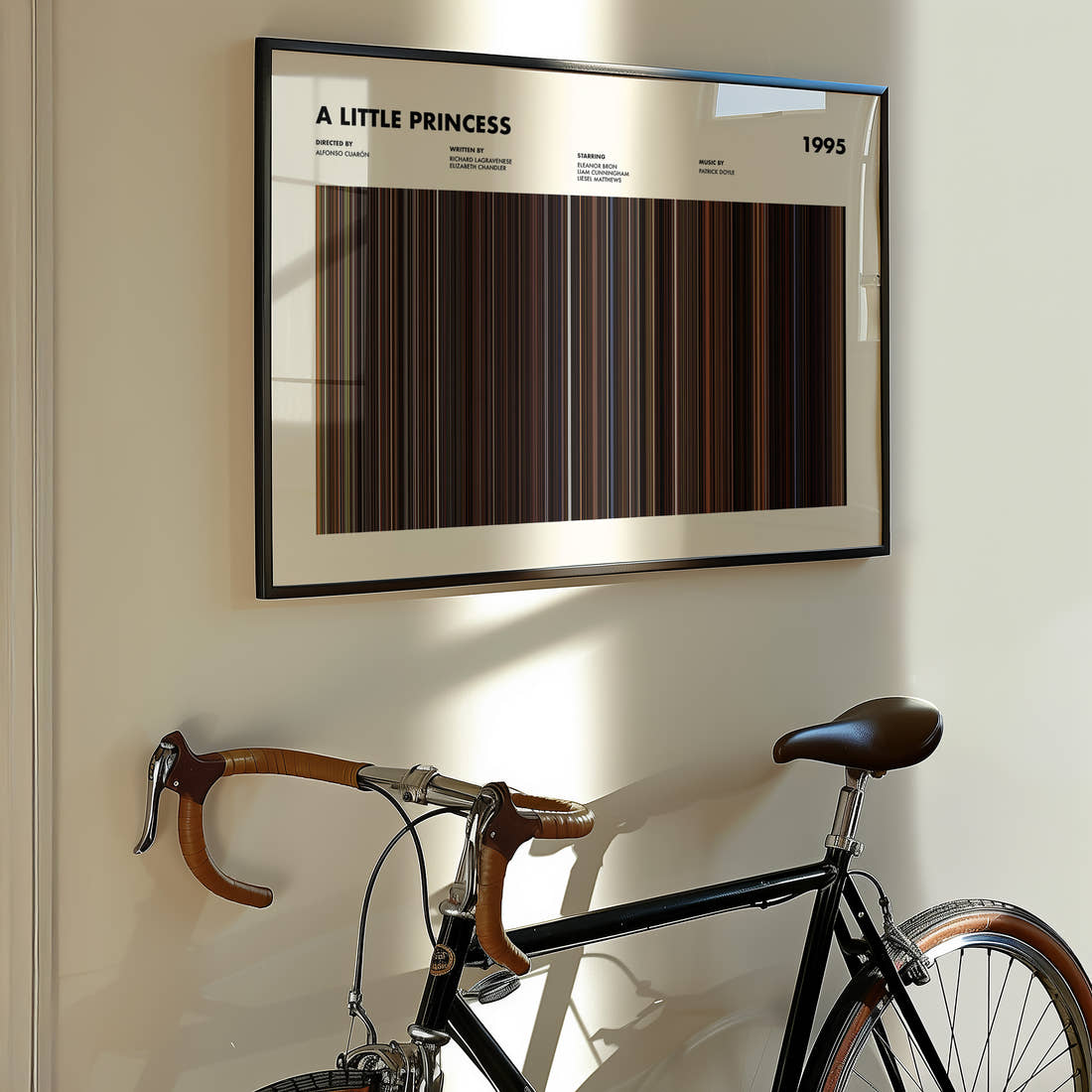 A Little Princess Movie Barcode Poster framed on the wall of a styled room setting
