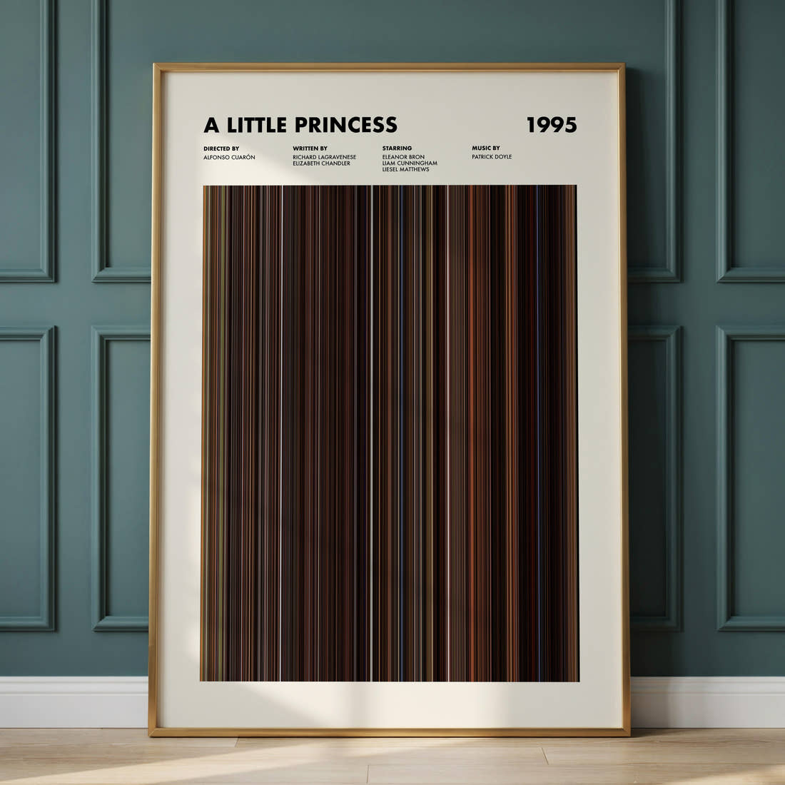 A Little Princess Movie Barcode Poster framed and leaning against a panelled wall