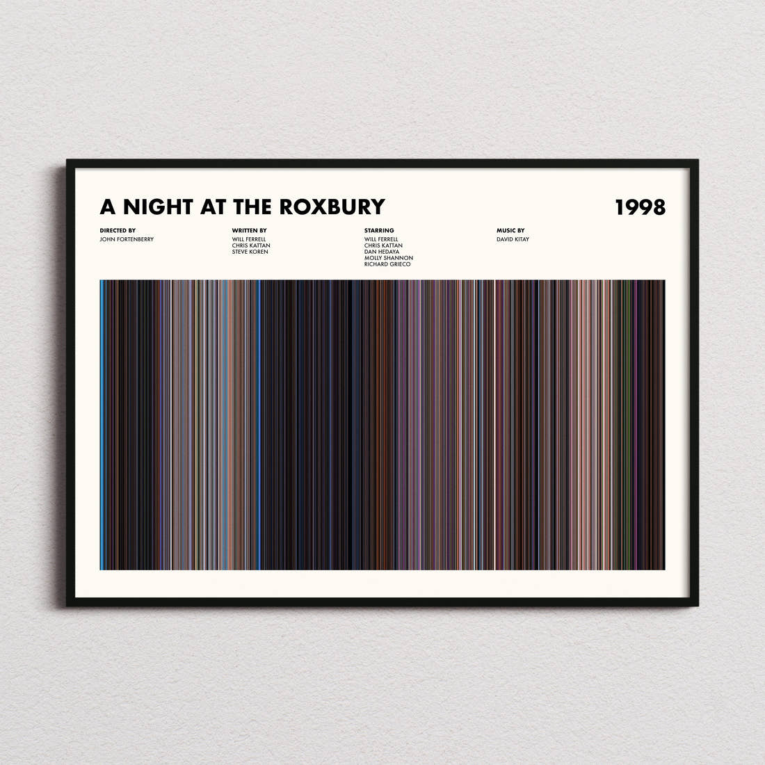 A Night at the Roxbury Movie Barcode Poster framed and photographed straight on