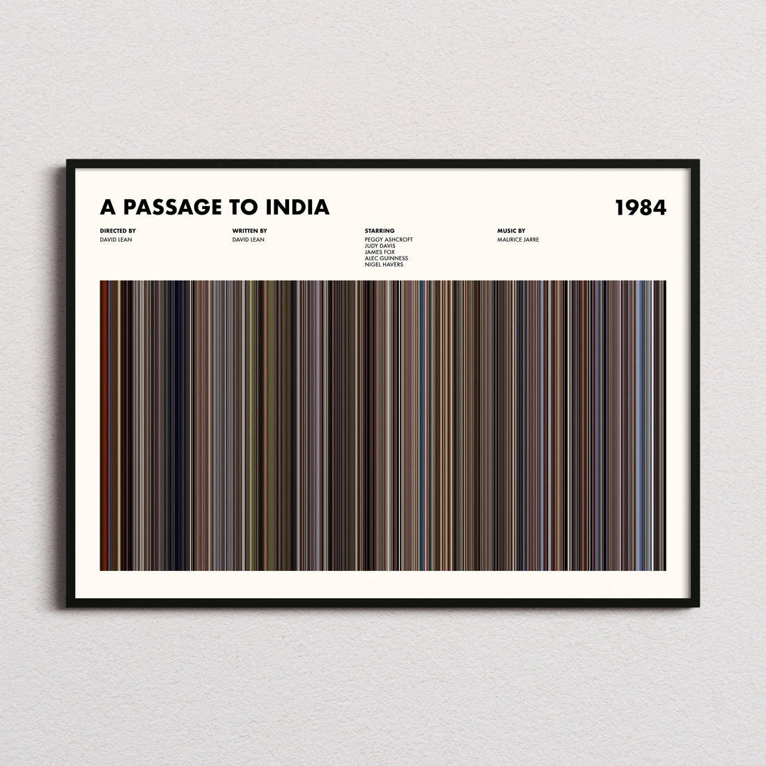 A Passage to India Movie Barcode Poster framed and photographed straight on