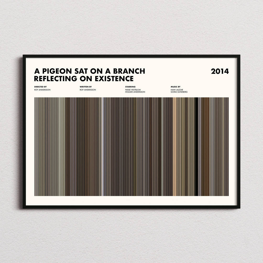 A Pigeon Sat on a Branch Reflecting on Existence Movie Barcode Poster framed and photographed straight on
