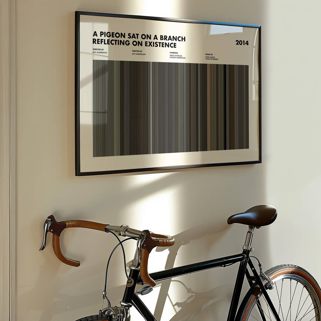A Pigeon Sat on a Branch Reflecting on Existence Movie Barcode Poster framed on the wall of a styled room setting