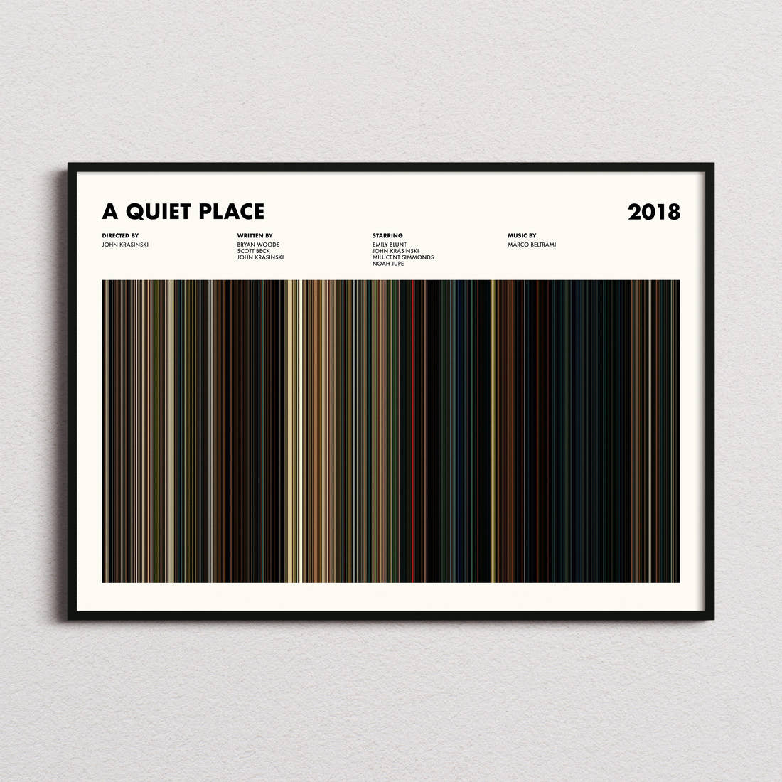 A Quiet Place Movie Barcode Poster framed and photographed straight on