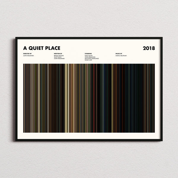 A Quiet Place Movie Barcode Poster framed and photographed straight on