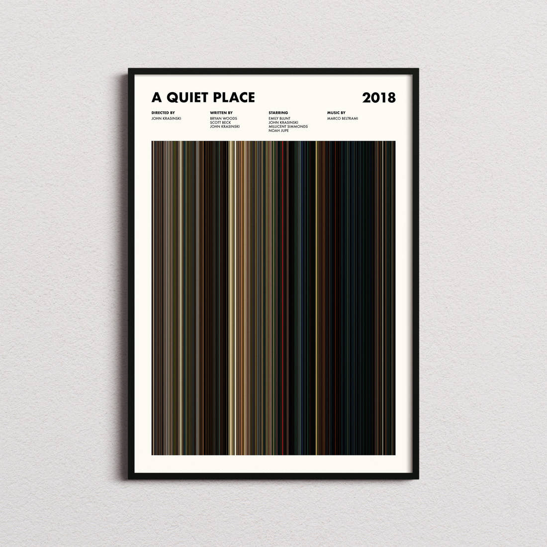 A Quiet Place Movie Barcode Poster framed on a plain studio wall
