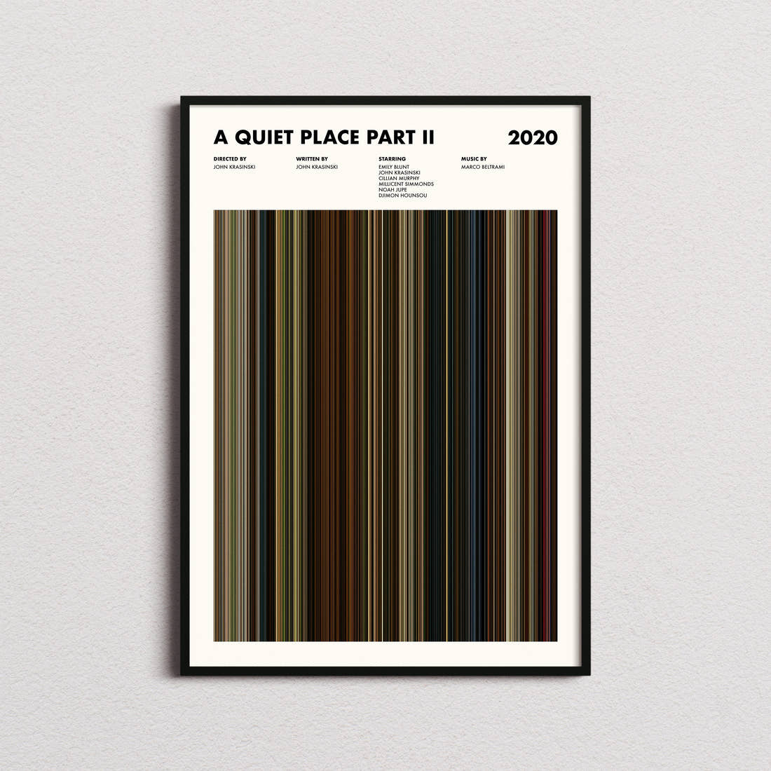 A Quiet Place Part II Movie Barcode Poster framed on a plain studio wall
