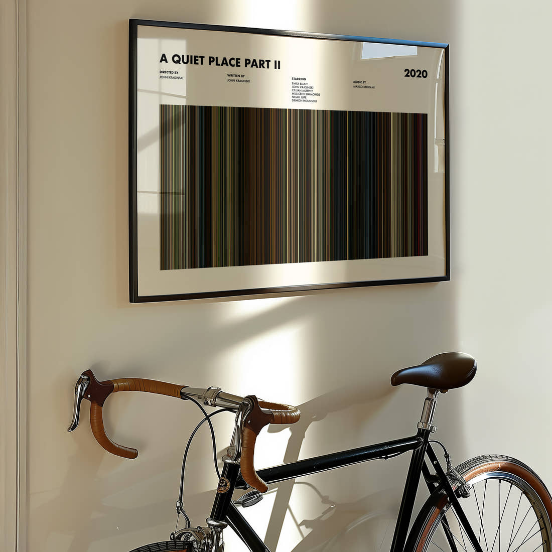 A Quiet Place Part II Movie Barcode Poster framed on the wall of a styled room setting