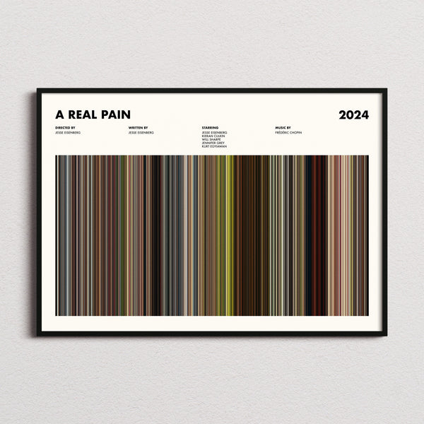 A Real Pain Movie Barcode Poster framed and photographed straight on
