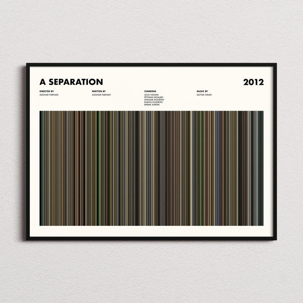 A Separation Movie Barcode Poster framed and photographed straight on