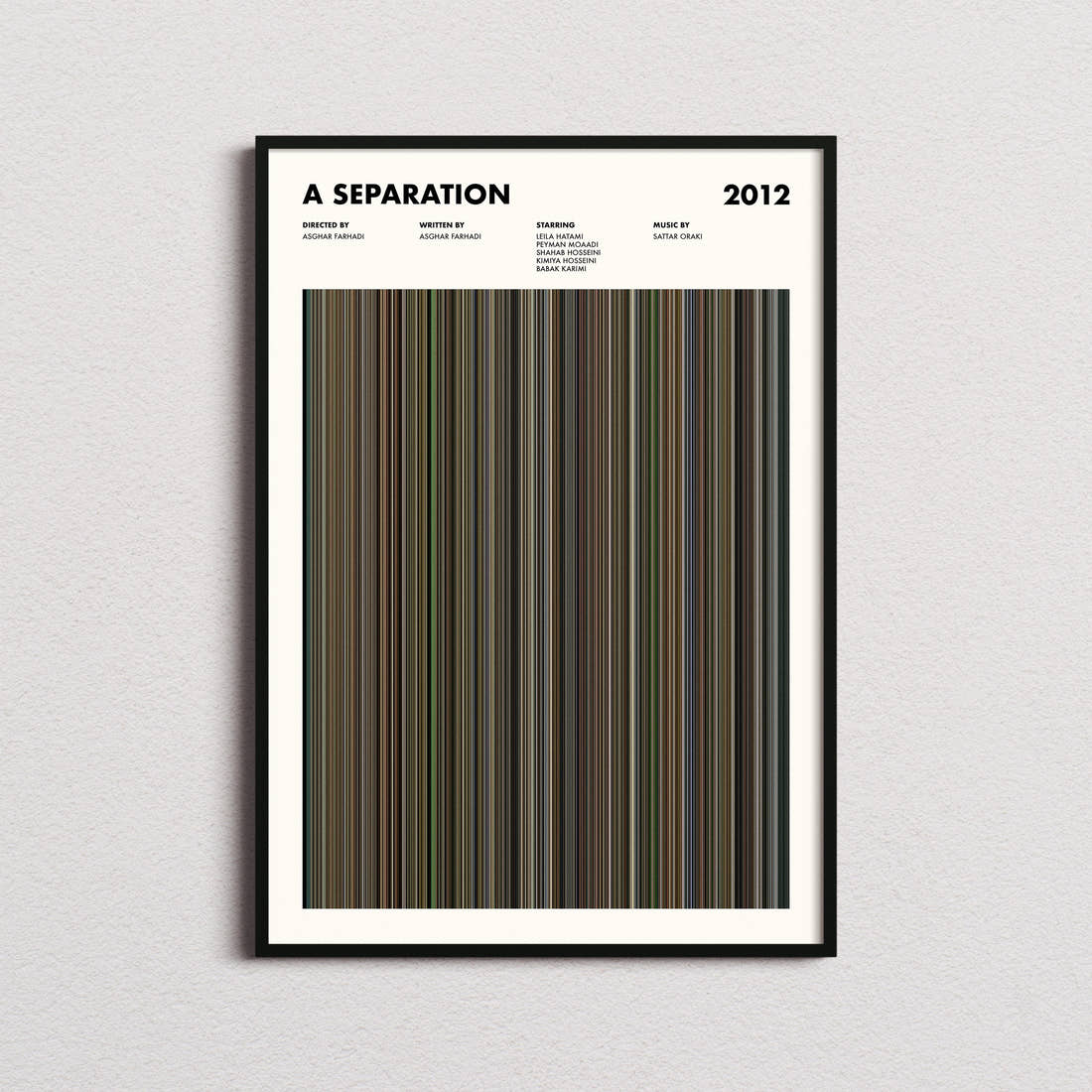 A Separation Movie Barcode Poster framed on a plain studio wall