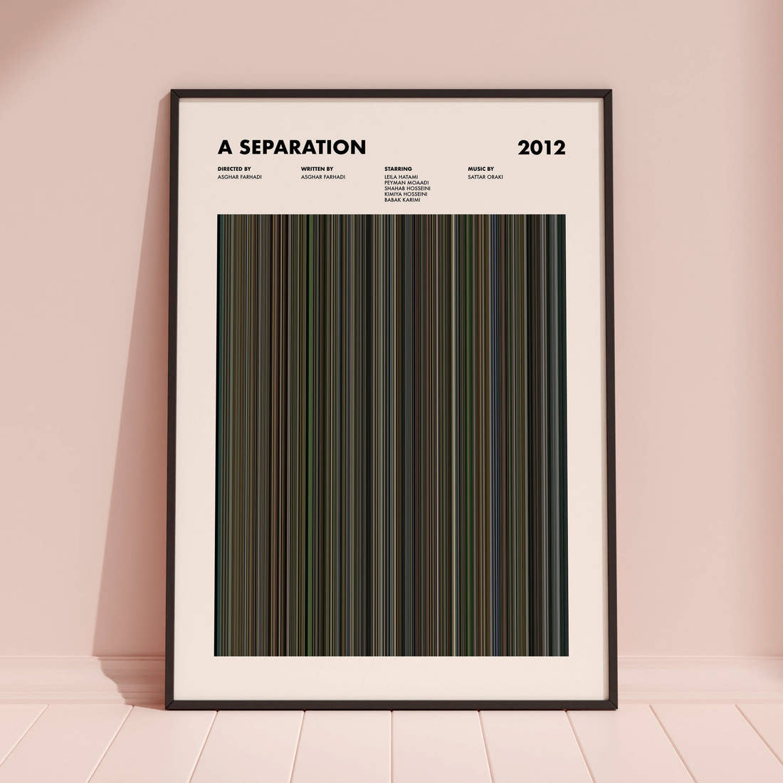 A Separation Movie Barcode Poster framed and leaning against a coloured wall