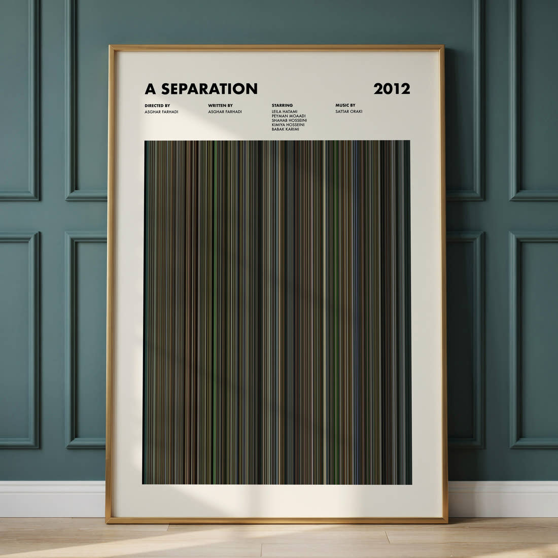 A Separation Movie Barcode Poster framed and leaning against a panelled wall