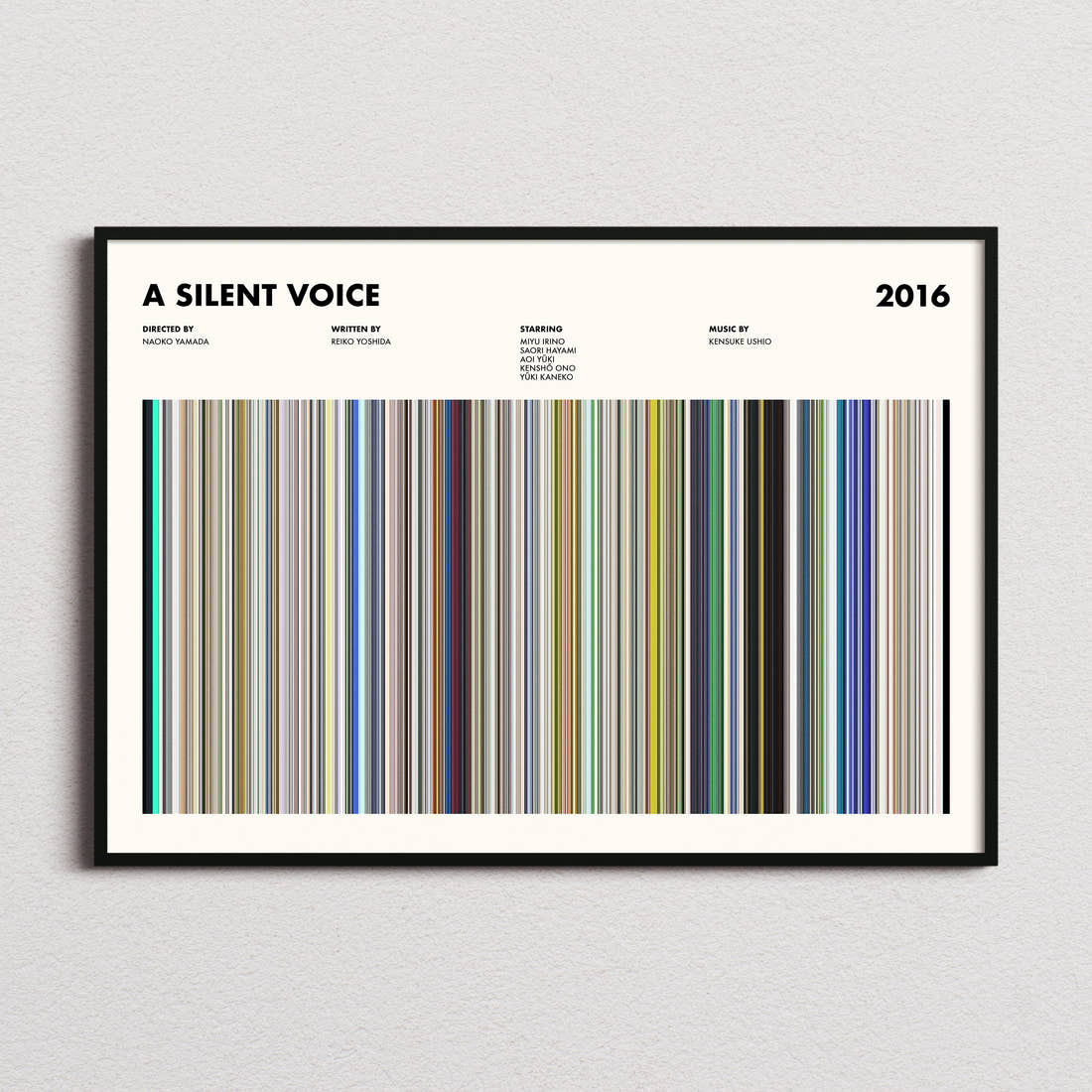 A Silent Voice Movie Barcode Poster framed and photographed straight on