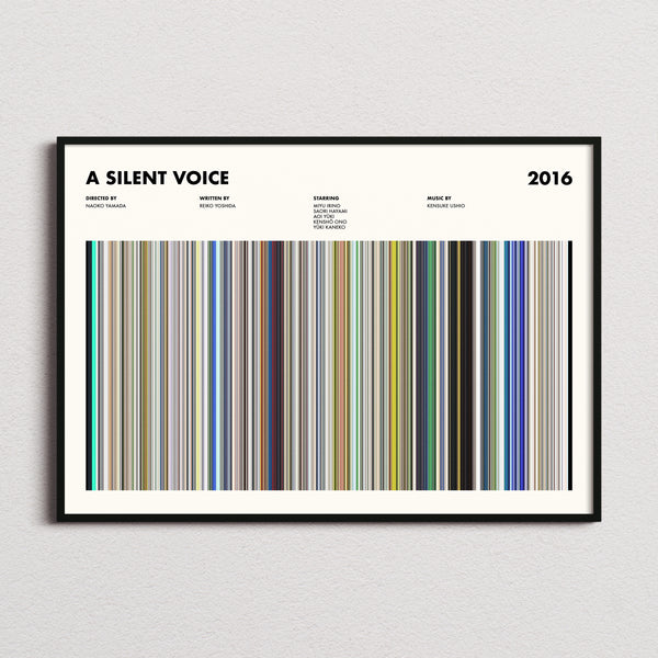 A Silent Voice Movie Barcode Poster framed and photographed straight on