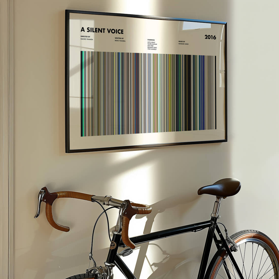 A Silent Voice Movie Barcode Poster framed on the wall of a styled room setting