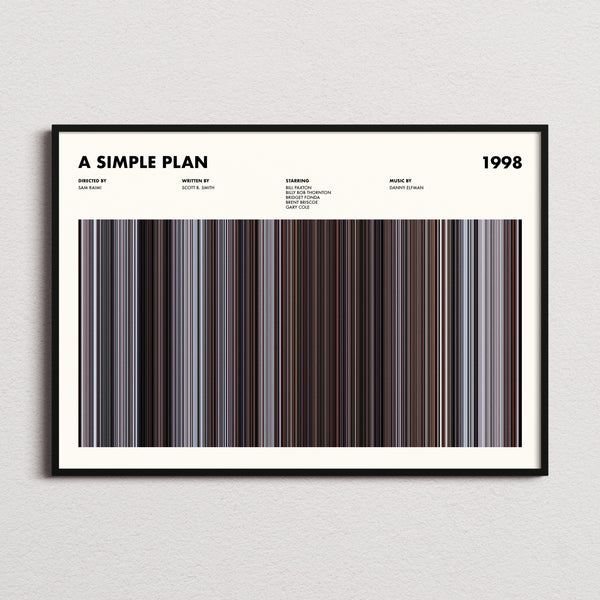 A Simple Plan Movie Barcode Poster framed and photographed straight on