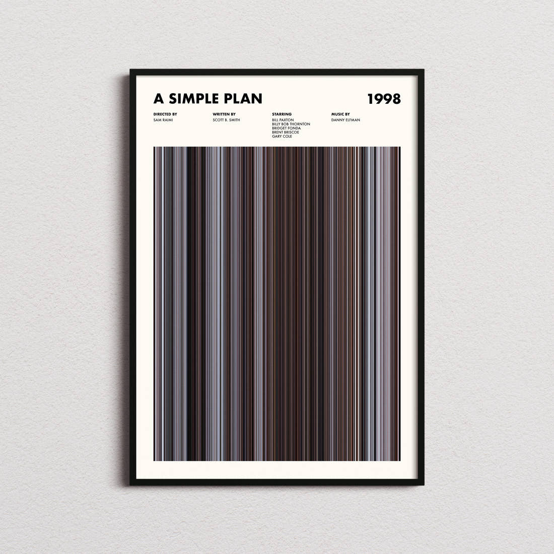 A Simple Plan Movie Barcode Poster framed on a plain studio wall