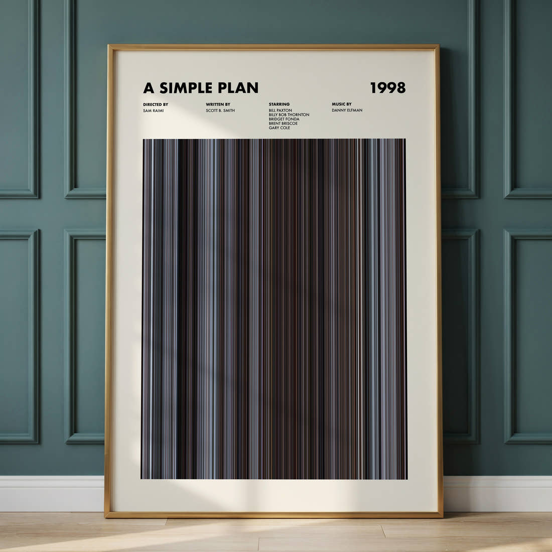 A Simple Plan Movie Barcode Poster framed and leaning against a panelled wall