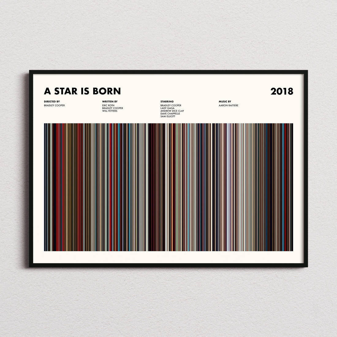 A Star Is Born Movie Barcode Poster framed and photographed straight on