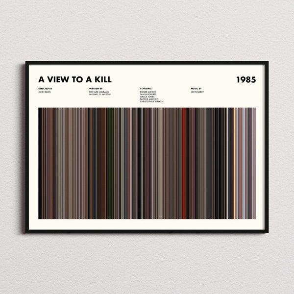 A View to a Kill Movie Barcode Poster framed and photographed straight on