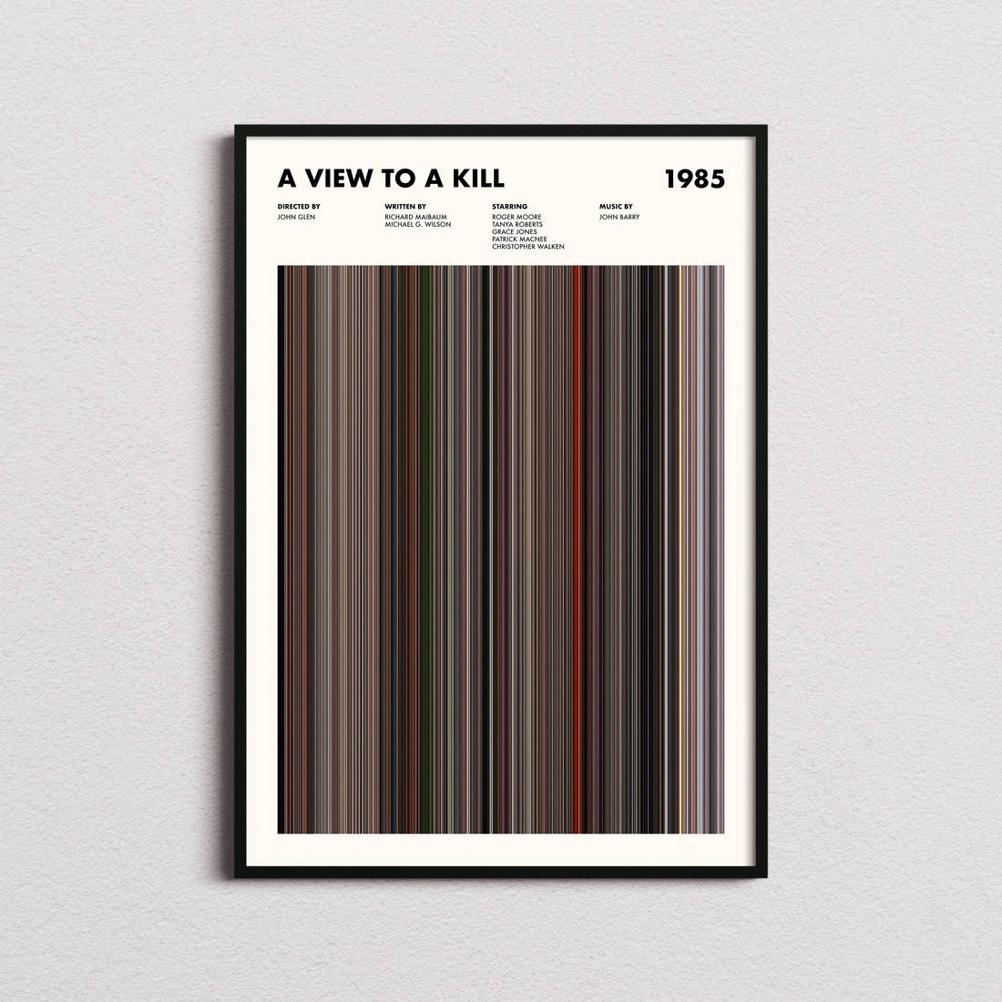 A View to a Kill Movie Barcode Poster framed on a plain studio wall
