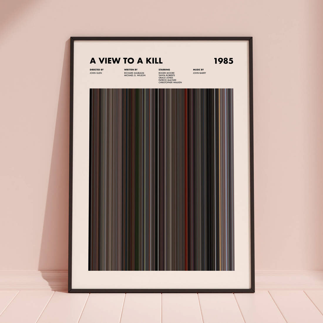 A View to a Kill Movie Barcode Poster framed and leaning against a coloured wall