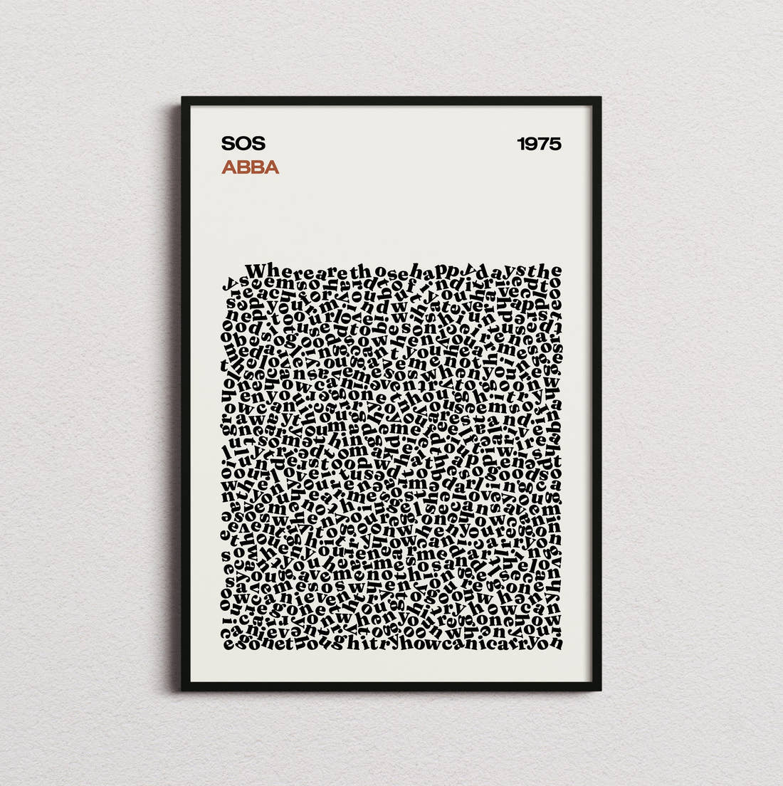 ABBA SOS Lyric Print in the cream colourway, framed