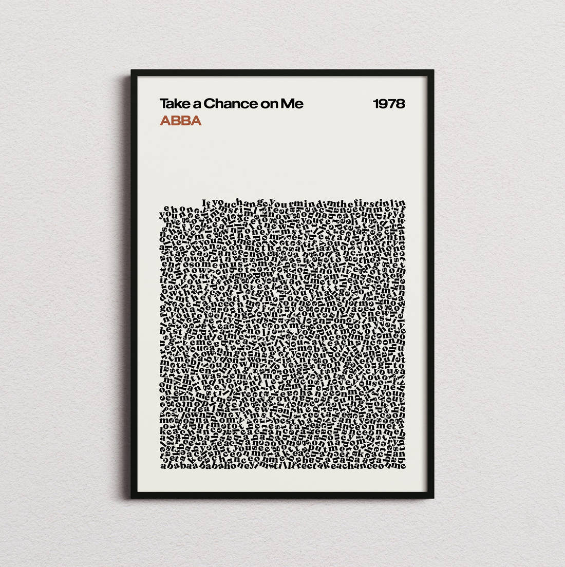 ABBA Take A Chance On Me Lyric Print in the cream colourway, framed